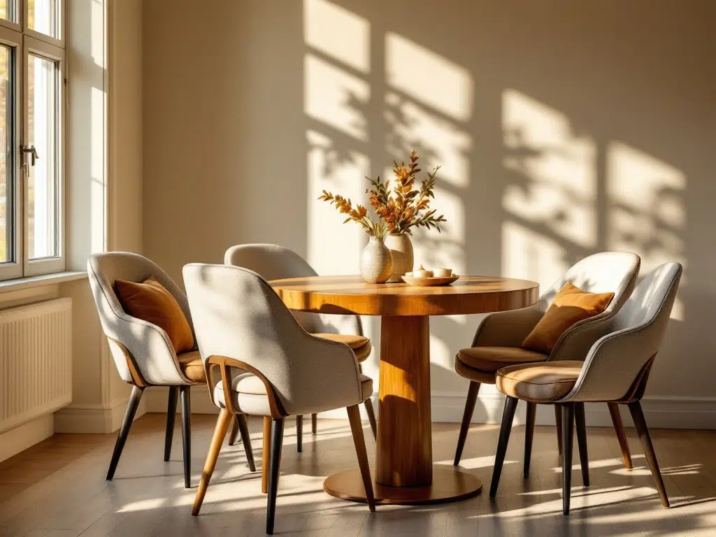 Een zonnige eetkamer met elegante stoelen rond een houten tafel, bekleed met zachte stof en kussens, uitstralend comfort en stijl.
