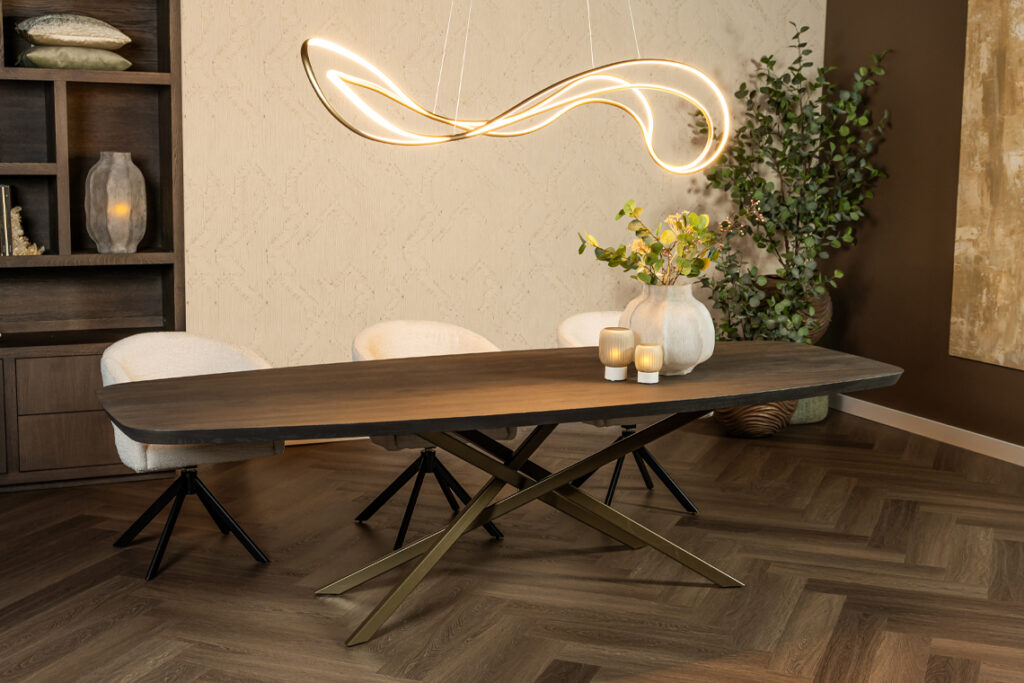 Brons metalen poot eettafel eiken bruin